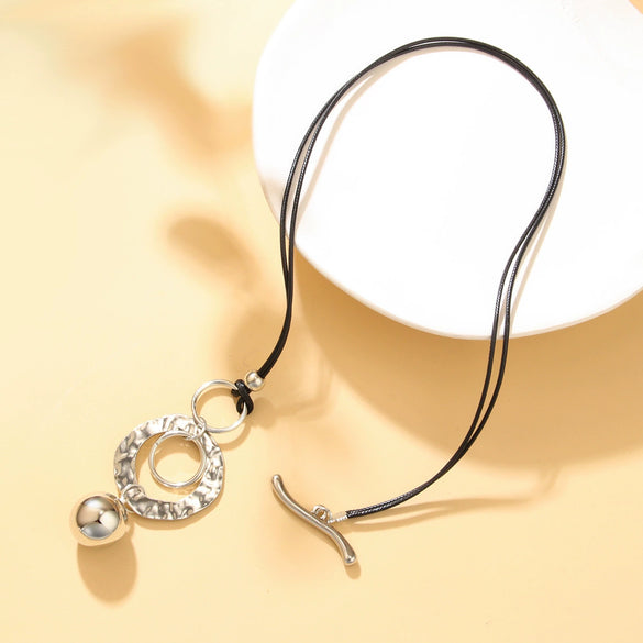 Alloy Pendant Leather Wax Thread Chain Geometric Minimalist Design Electroplating Fashion Necklace