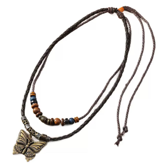 Alloy Pendant Necklace Retro Braided Rope Handmade Beaded Multi Layer Unisex Accessories