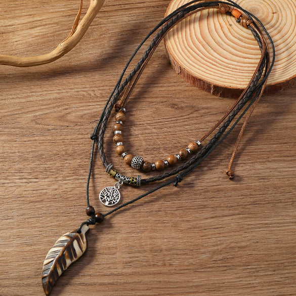 Alloy Pendant Necklace Retro Braided Rope Handmade Beaded Multi Layer Unisex Accessories