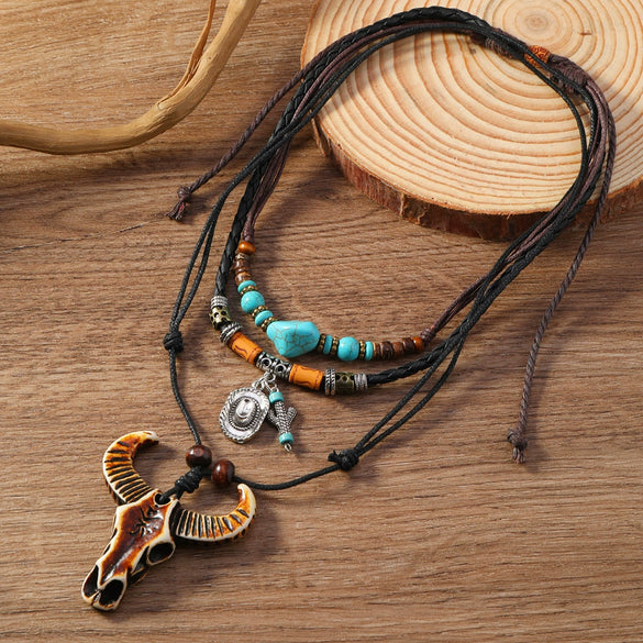 Alloy Pendant Necklace Retro Braided Rope Handmade Beaded Multi Layer Unisex Accessories