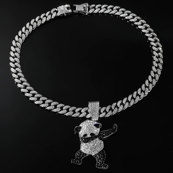 Alloy Pendant Necklace With Diamondencrusted Geometric Dancing Panda Design For Men