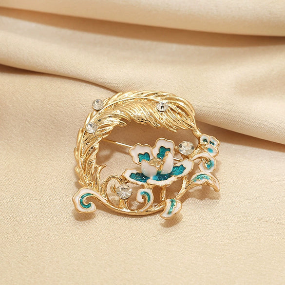 Alloy Peony Feather Flower Brooch With Electroplating For Women