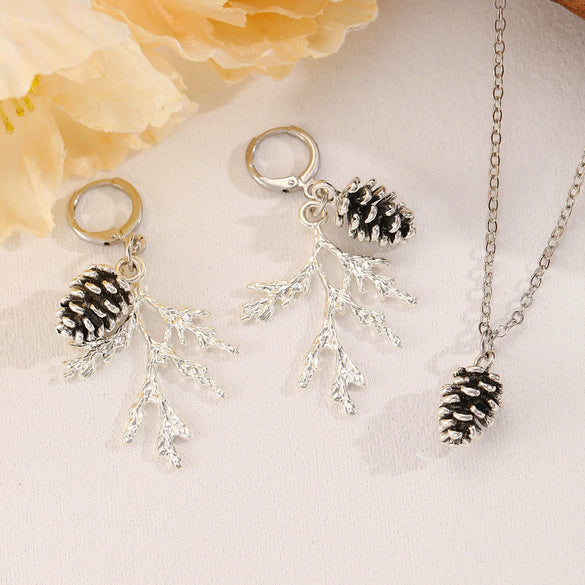 Alloy Pine Cone Pendant Earrings And Necklace Set With Electroplating For Women
