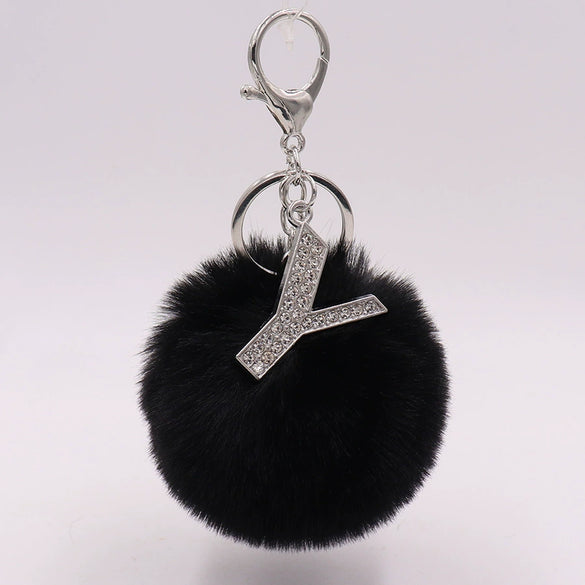 Alloy Plush Key Chain With Diamondencrusted English Letter And Fur Ball Modern Simplicity Style