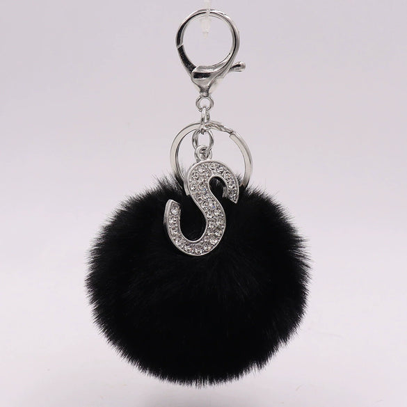 Alloy Plush Key Chain With Diamondencrusted English Letter And Fur Ball Modern Simplicity Style