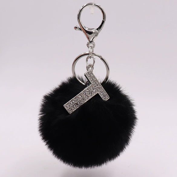 Alloy Plush Key Chain With Diamondencrusted English Letter And Fur Ball Modern Simplicity Style