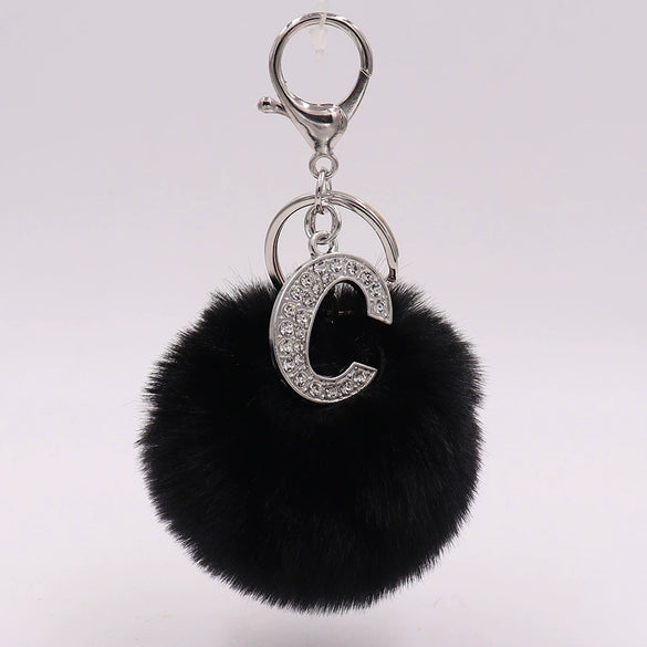 Alloy Plush Key Chain With Diamondencrusted English Letter And Fur Ball Modern Simplicity Style