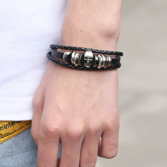 Alloy Punk Skull Handmade Unisex Leather Woven Bracelet