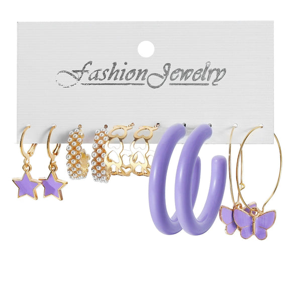 Alloy Purple Butterfly Cartoon Animals Geometric Zircon Earrings Set