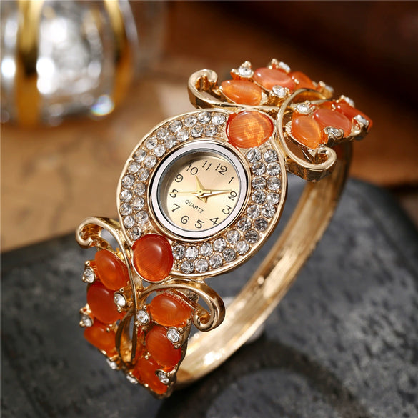 Alloy Quartz Watch With Diamond Decoration And Hollow Bracelet For Women Fashion Style Round Dial