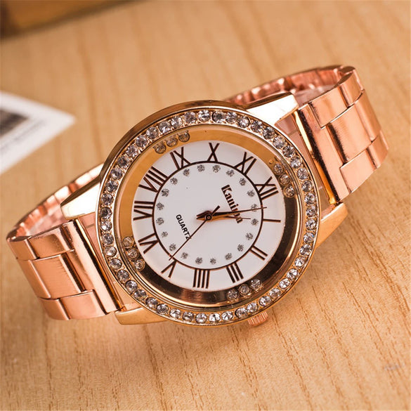Alloy Quartz Watch With Roman Numerals And Full Diamond Round Dial Stainless Steel Strap For Men And Women