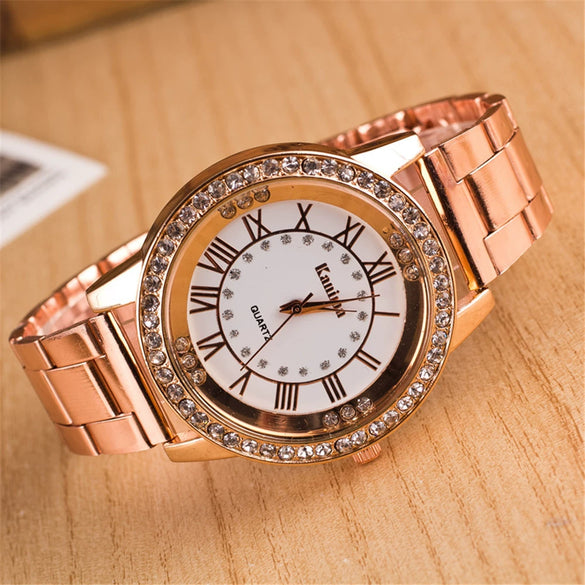Alloy Quartz Watch With Roman Numerals And Full Diamond Round Dial Stainless Steel Strap For Men And Women