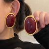 Alloy Resin Oval Gemstone Earrings Light Luxury Highend Retro For Women