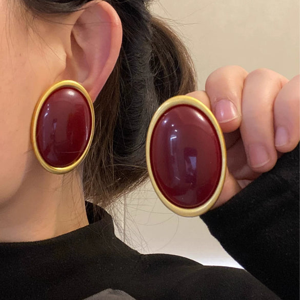 Alloy Resin Oval Gemstone Earrings Light Luxury Highend Retro For Women