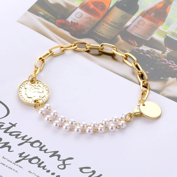 Alloy Retro Baroque Pearl Embossed Coin Like Geometric Bracelet