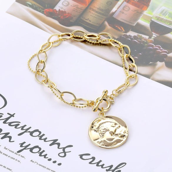 Alloy Retro Baroque Pearl Embossed Coin Like Geometric Bracelet