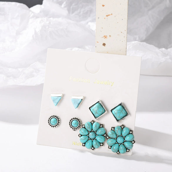 Alloy Retro Bohemian Geometric Round Women's Earrings With Turquoise Flower Electroplating
