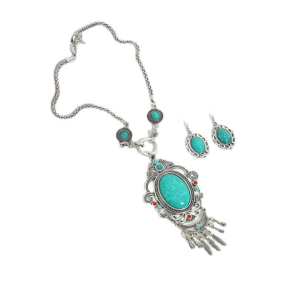 Alloy Retro Ethnic Style Turquoise Tassel Cross Mirror Necklace Earrings Set With Electroplating