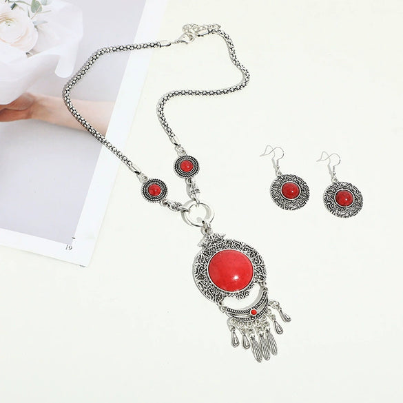 Alloy Retro Ethnic Style Turquoise Tassel Cross Mirror Necklace Earrings Set With Electroplating