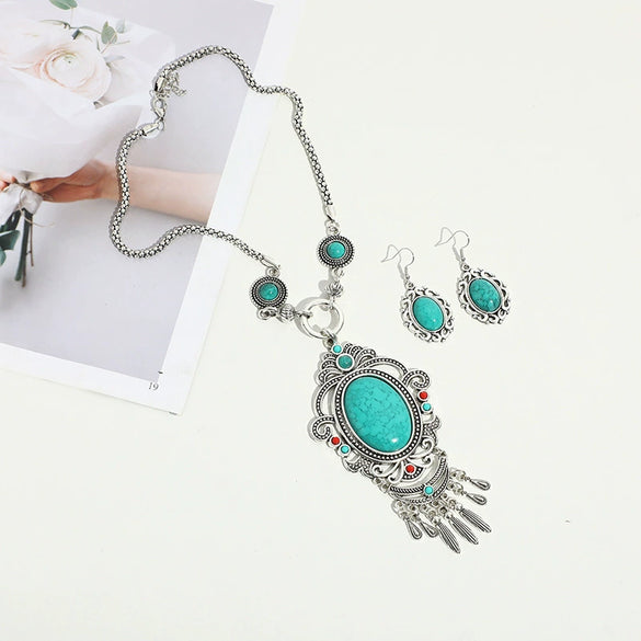 Alloy Retro Ethnic Style Turquoise Tassel Cross Mirror Necklace Earrings Set With Electroplating