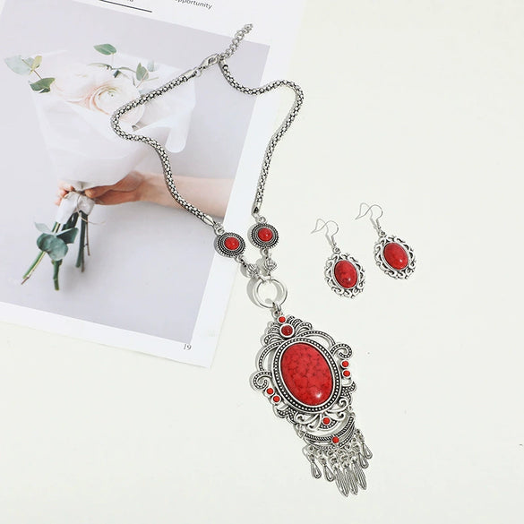 Alloy Retro Ethnic Style Turquoise Tassel Cross Mirror Necklace Earrings Set With Electroplating
