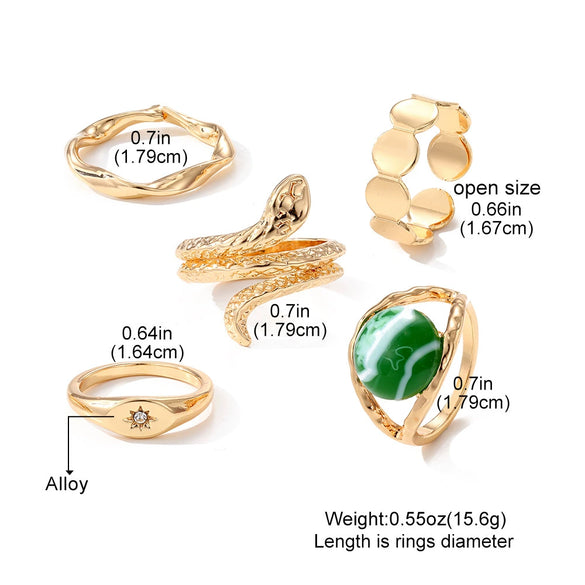 Alloy Retro Geometric Snakeshaped Diamond Ring 5Piece Set For Women