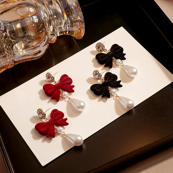 Alloy Retro Red Flocking Bow Pearl Earrings With Electroplating For Women