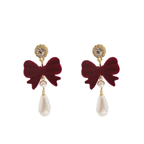 Alloy Retro Red Flocking Bow Pearl Earrings With Electroplating For Women