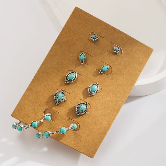 Alloy Retro Turquoise Inlaid Flower Heart Geometric Earrings Set