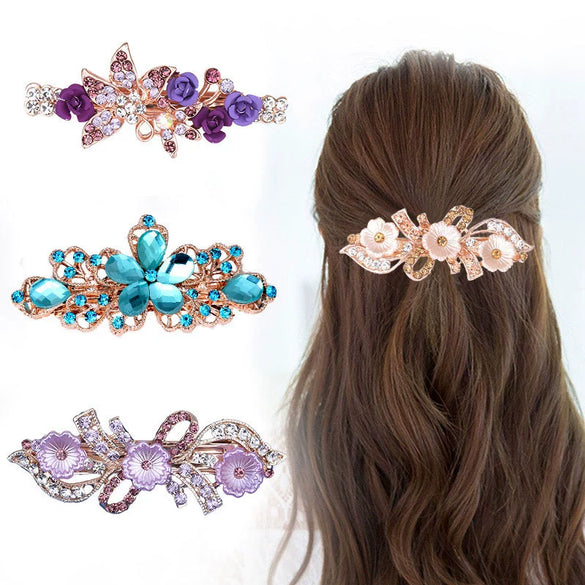 Alloy Rhinestone Bow Pearl Flower Crystal Hairpin For Women With Electroplating