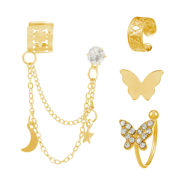 Alloy Rhinestone Butterfly Hollow Nonperforated Cartilage Earrings Electroplating Star And Moon Integrated Chain Ear Clip For Women Styling With Animals Zodiac Pattern