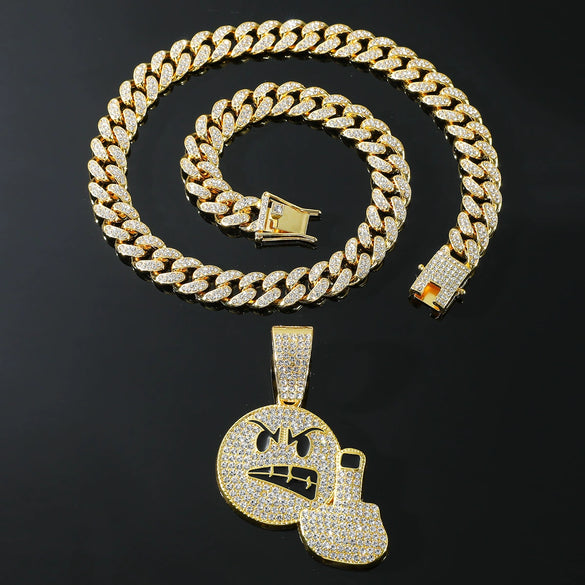 Alloy Rhinestone Diamond Emoji Anger Pendant Cuban Chain Hiphop Men's Necklace