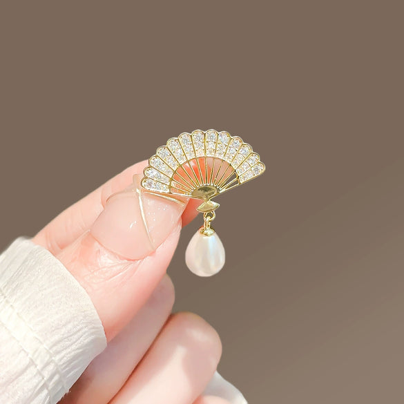 Alloy Rhinestone Fan Pearl Brooch Electroplating Women's Accessories