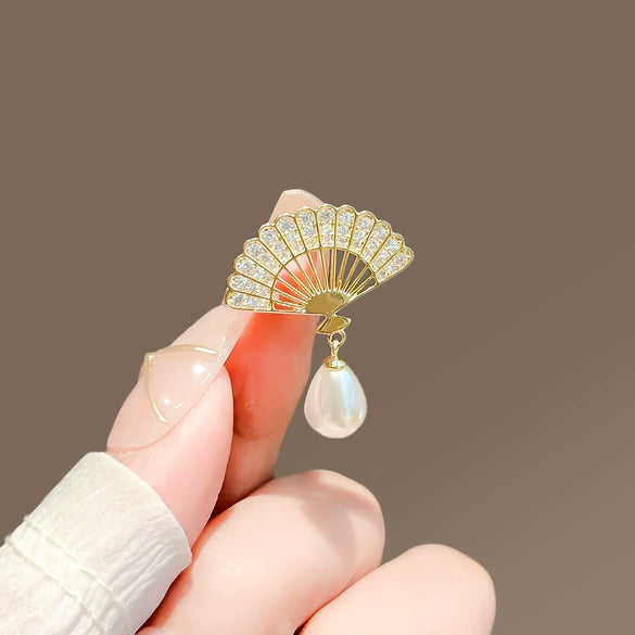 Alloy Rhinestone Fan Pearl Brooch Electroplating Women's Accessories