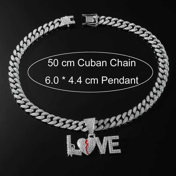 Alloy Rhinestone Letter Love Pendant Necklace For Men Cuban Chain Style Diamond Design