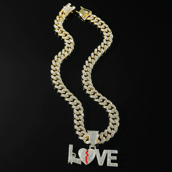 Alloy Rhinestone Letter Love Pendant Necklace For Men Cuban Chain Style Diamond Design