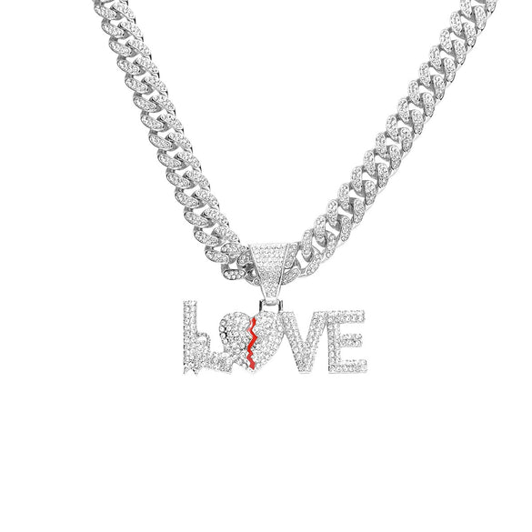 Alloy Rhinestone Letter Love Pendant Necklace For Men Cuban Chain Style Diamond Design