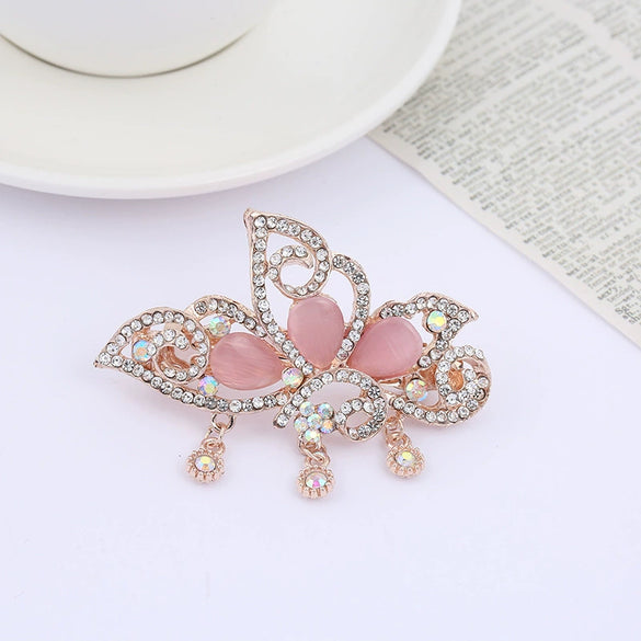 Alloy Rose Gold Plated Butterfly Cat's Eye Stone Horizontal Clip Tassel Hairpin For Women