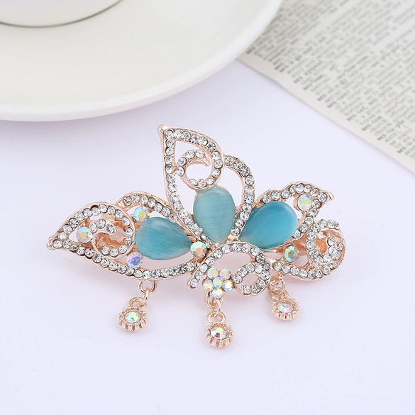 Alloy Rose Gold Plated Butterfly Cat's Eye Stone Horizontal Clip Tassel Hairpin For Women
