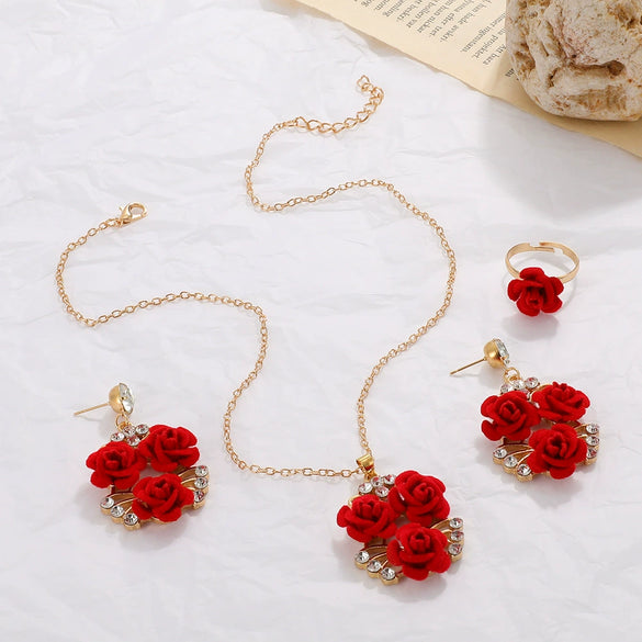 Alloy Rose Jewelry Set Electroplated Women's Necklace Earrings Ring