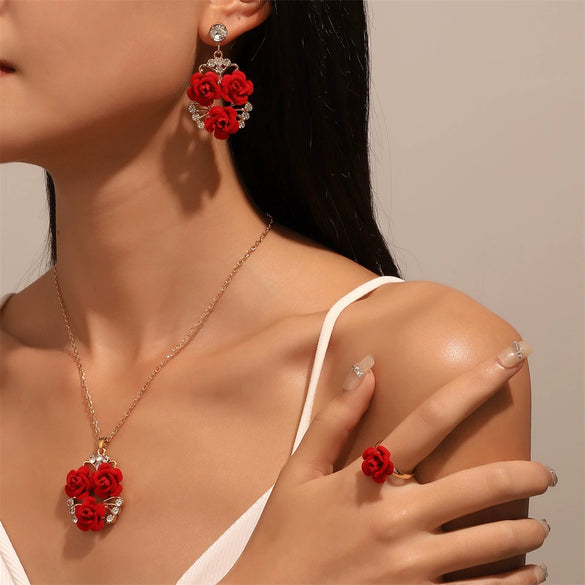 Alloy Rose Jewelry Set Electroplated Women's Necklace Earrings Ring