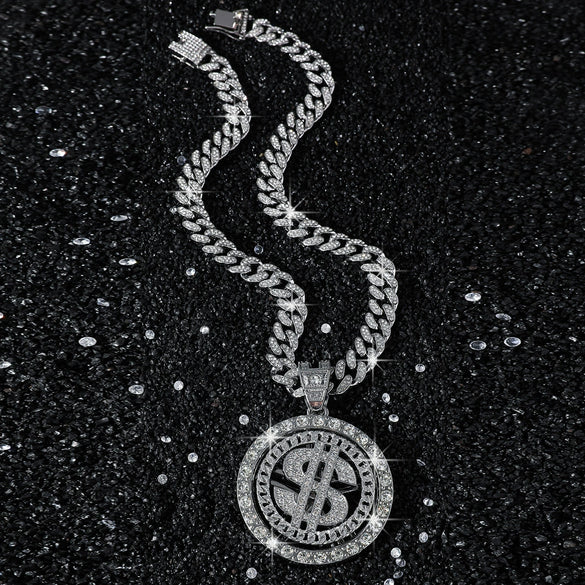 Alloy Rotating Us Dollar Pendant Necklace For Men With Diamond Design And Cuban Chain Style