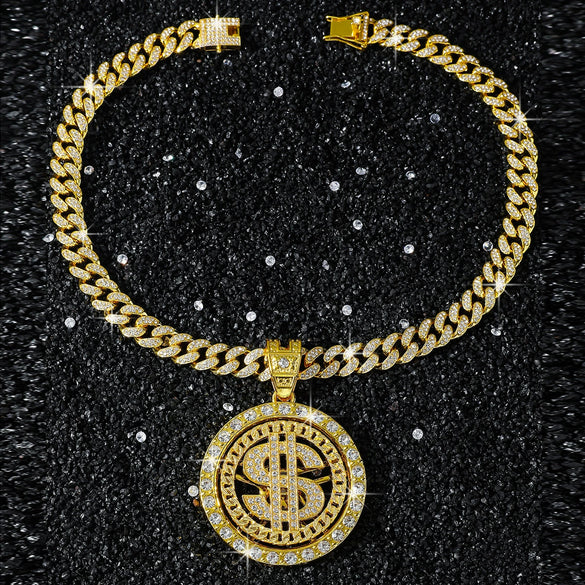 Alloy Rotating Us Dollar Pendant Necklace For Men With Diamond Design And Cuban Chain Style