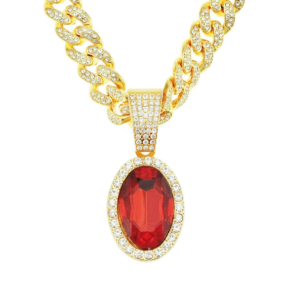 Alloy Ruby Oval Pendant Cuban Chain Necklace Men's Hiphop Geometric Jewelry With Diamond Treatment