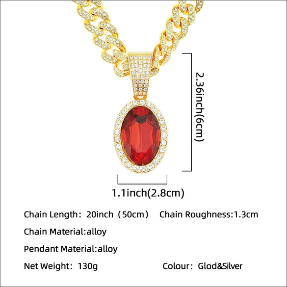 Alloy Ruby Oval Pendant Cuban Chain Necklace Men's Hiphop Geometric Jewelry With Diamond Treatment