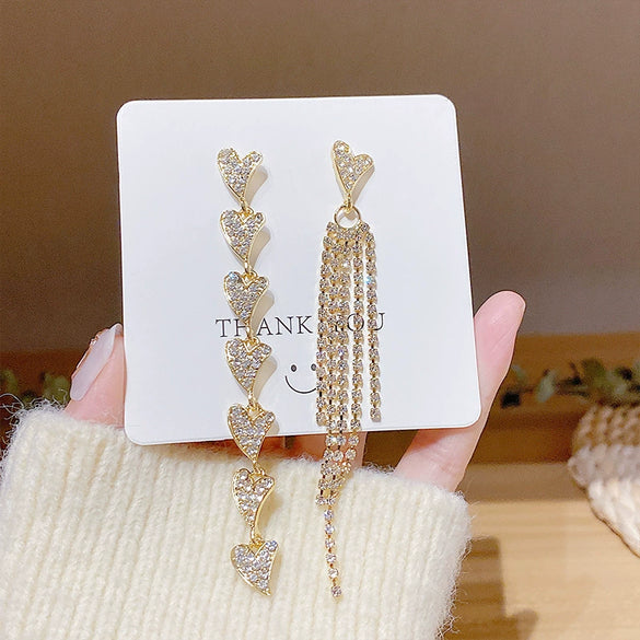 Alloy S925 Silver Needle Asymmetric Heart Diamond Tassel Women's Earrings