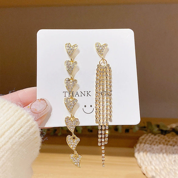 Alloy S925 Silver Needle Asymmetric Heart Diamond Tassel Women's Earrings
