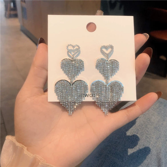 Alloy S925 Silver Rhinestone Tassel Peach Heart Long Earrings With Electroplating For Women