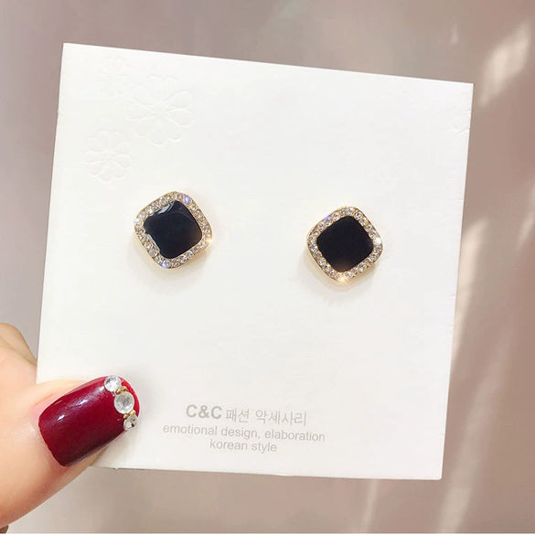 Alloy S925 Silver Stud Earrings Geometric Style With Diamond Four Leaf Lucky Grass Design For Women