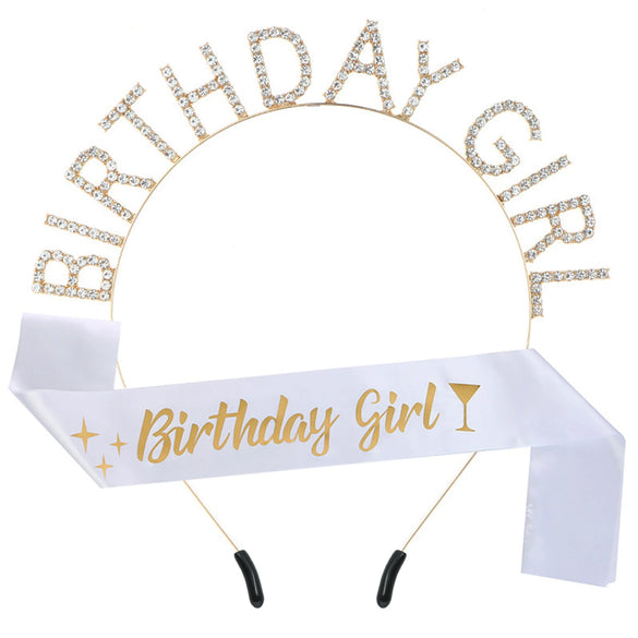 Alloy Satin Birthday Girl Crown Headband Shoulder Strap Set Semimanual Semimechanical Headdress Party Belt